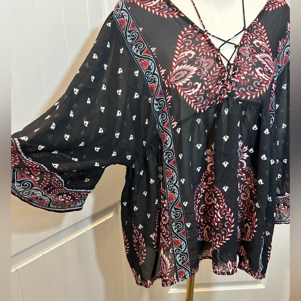 Fever Boho Top Wide Width Sleeves Colorful Simple Pattern V-Neck Ties Size XL - Picture 1 of 12